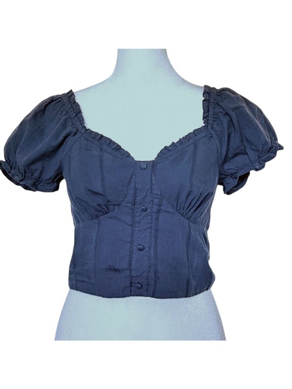 Coquette Navy Womens Sz S Crop Top Milkmaid Puff Sleeve Country Renn Faire - Picture 2 of 9